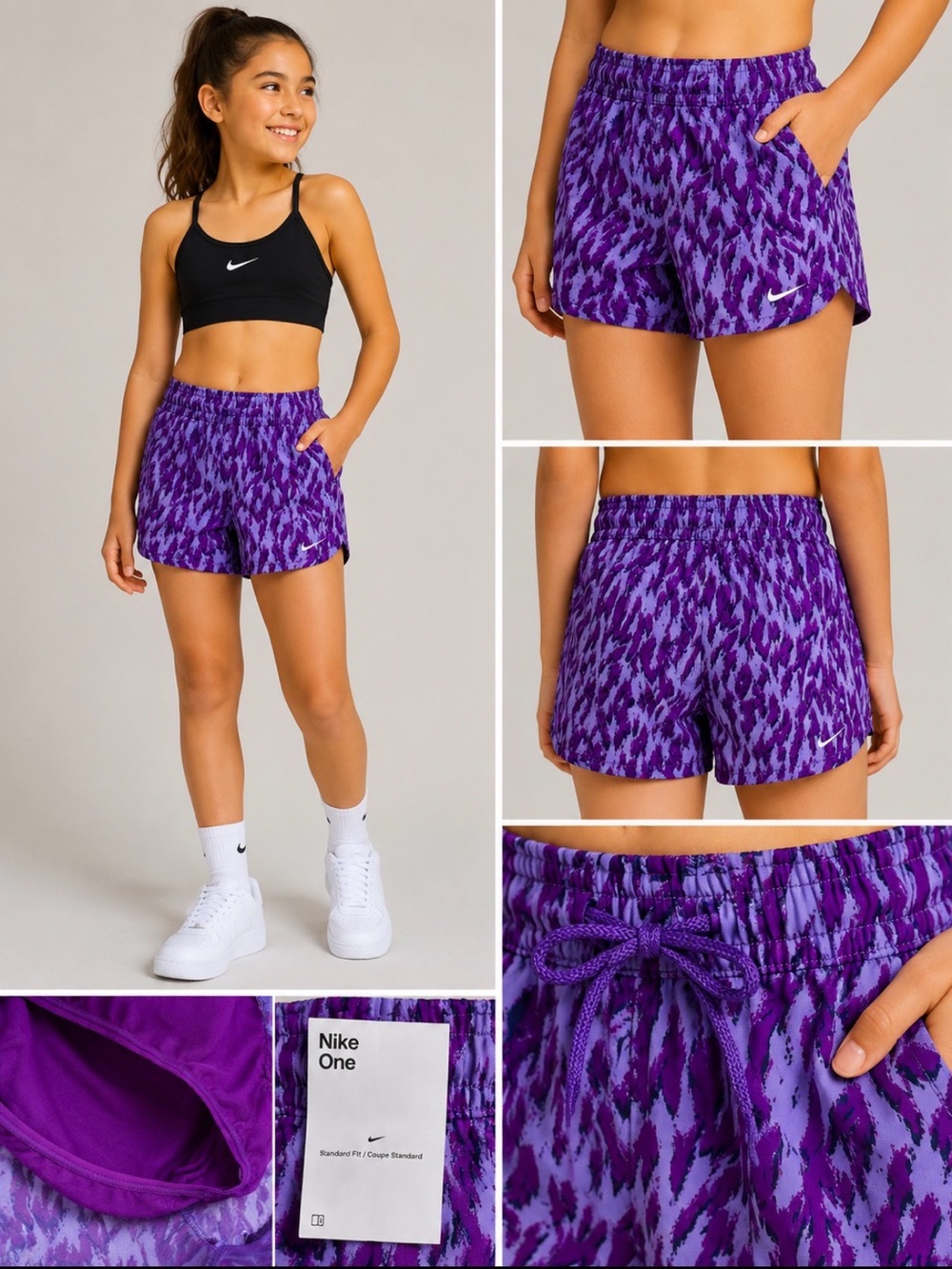 Nike One Girls Purple Printed Athletic Running Shorts Size medium